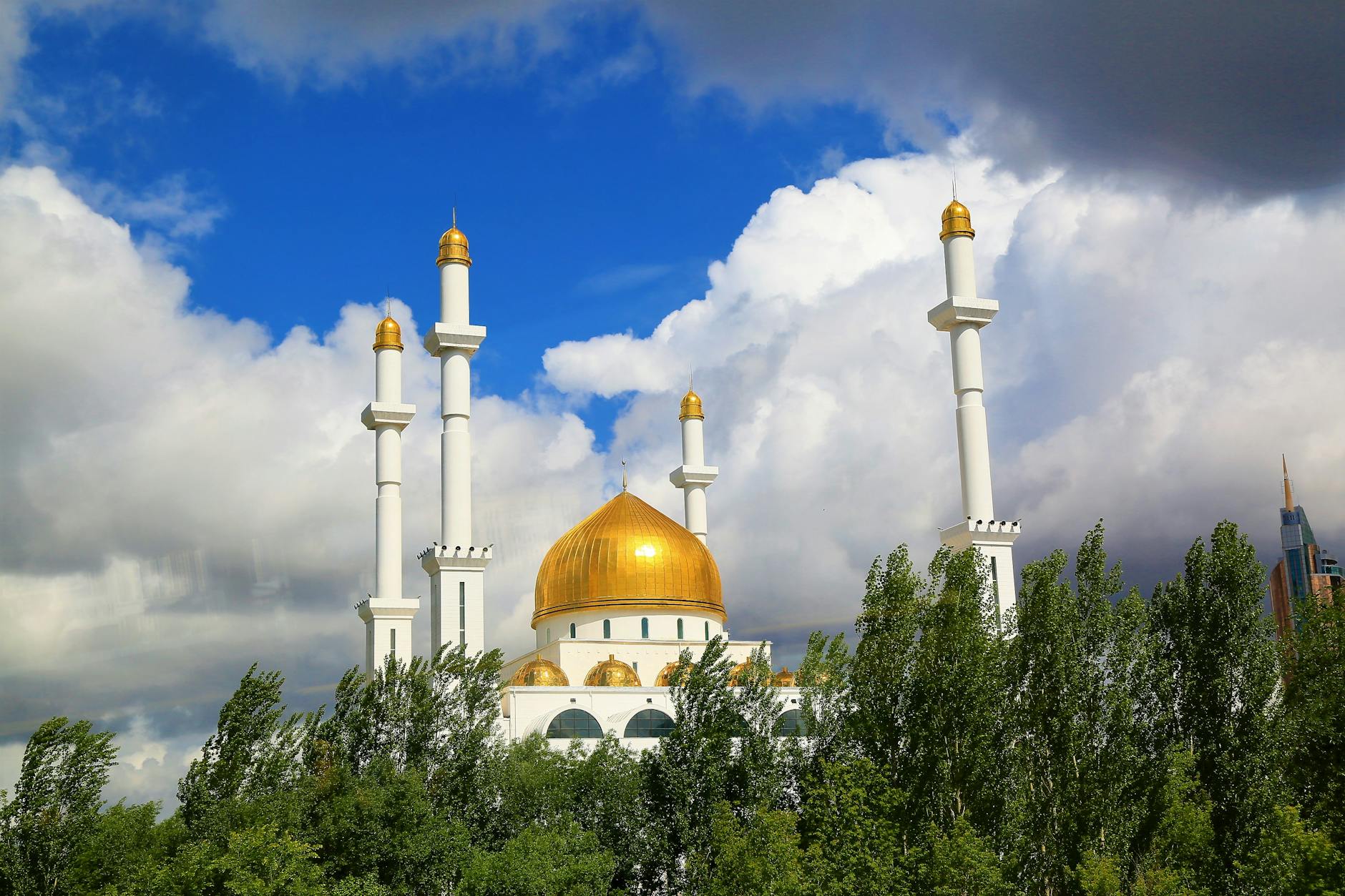 Nur-Astana Mosque in Astana (Nur-Sultan), Kazakhstan with grand dome and minarets