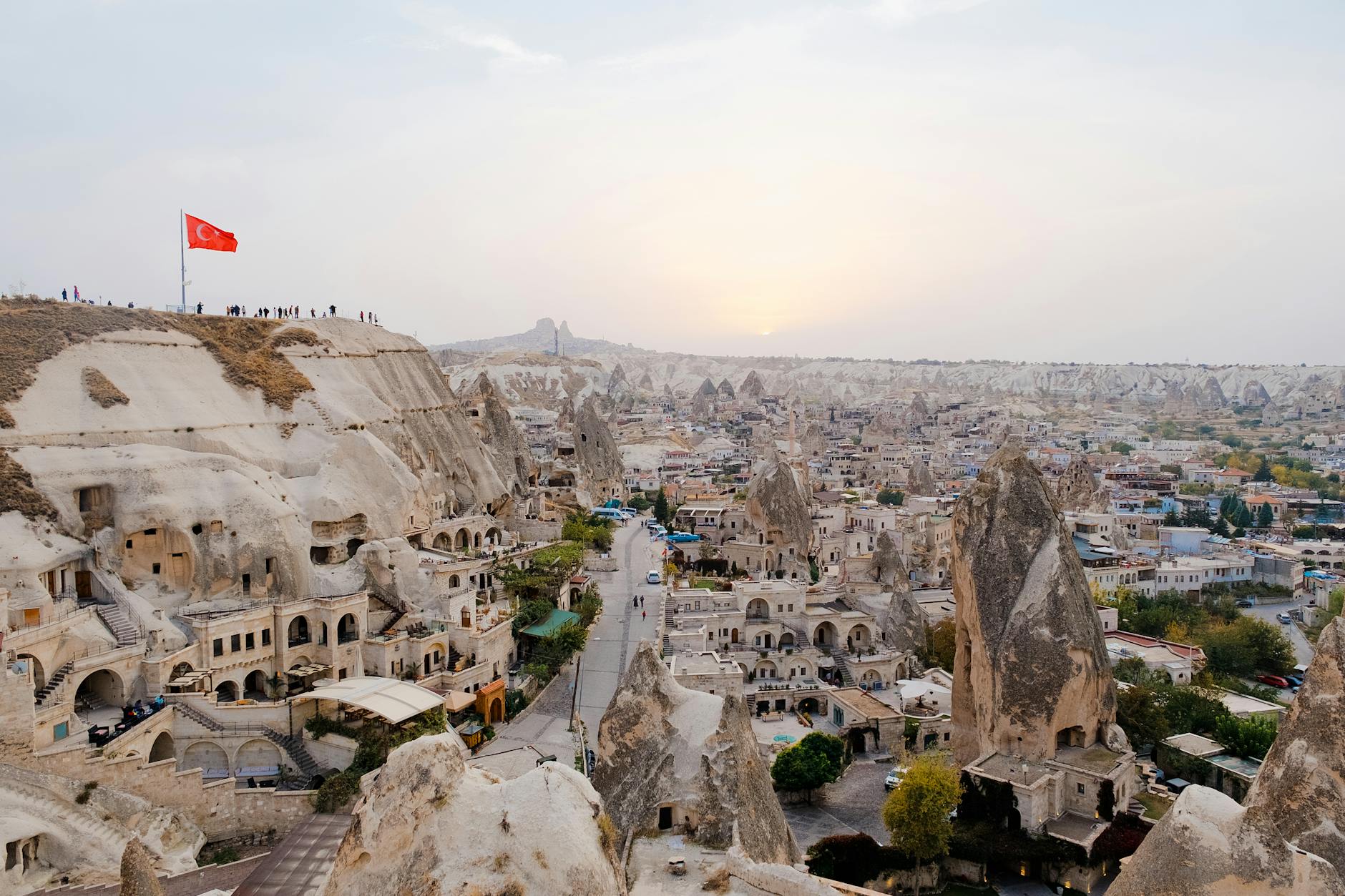Aerial view of Cappadocia valleys with cave dwellings and ancient rock structures