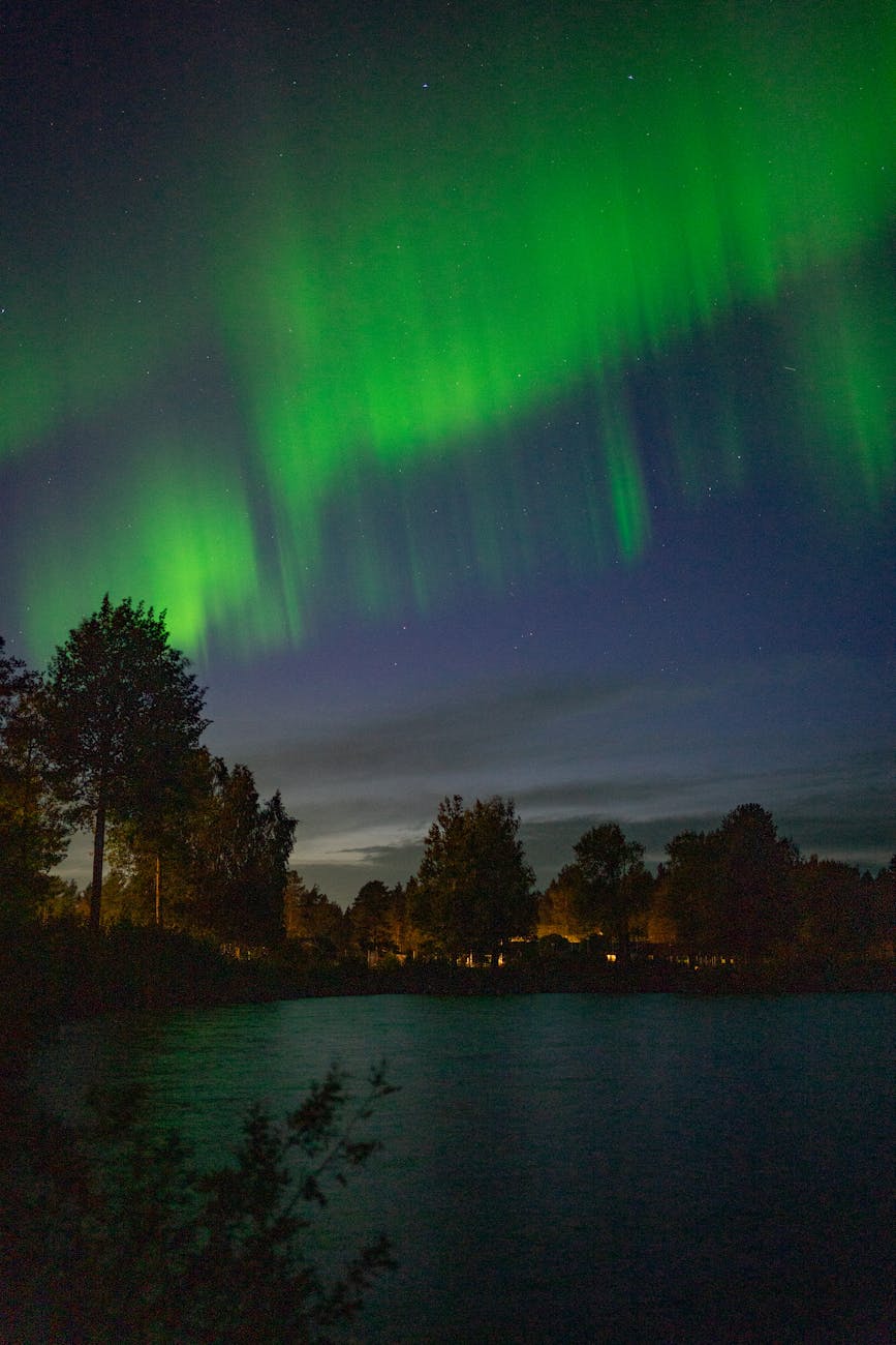 Colorful Northern Lights dancing above snowy landscapes in Sweden”