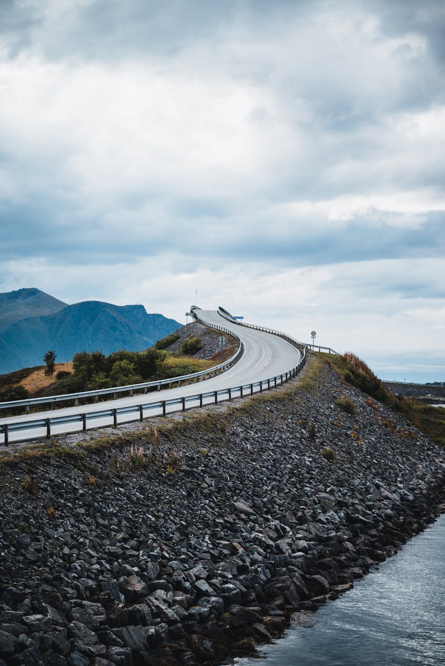Panoramic view of Atlantic Road bridges connecting small islands in Norway