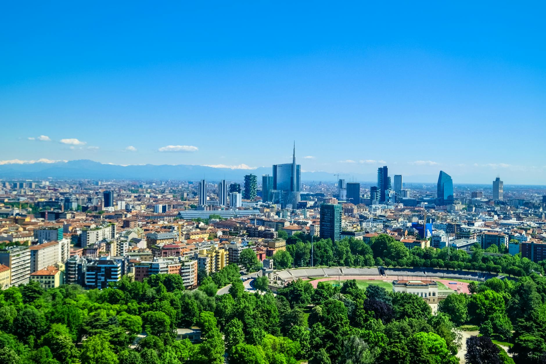 Aerial view of Milan cityscape with Duomo di Milano and surrounding streets