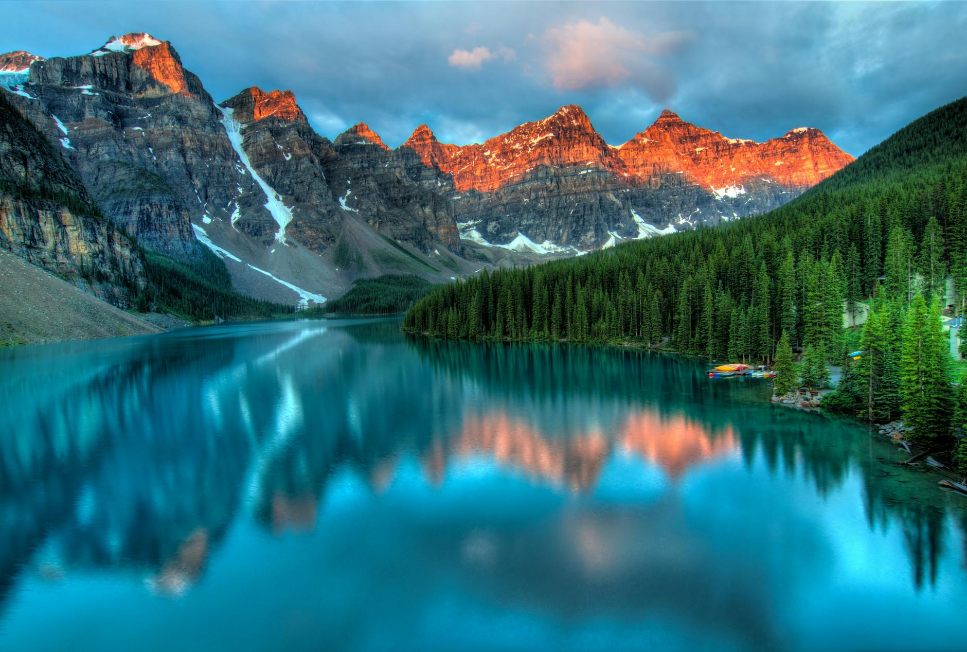 Scenic view of Banff National Park with turquoise Lake Louise and surrounding Rocky Mountains, Alberta, Canada