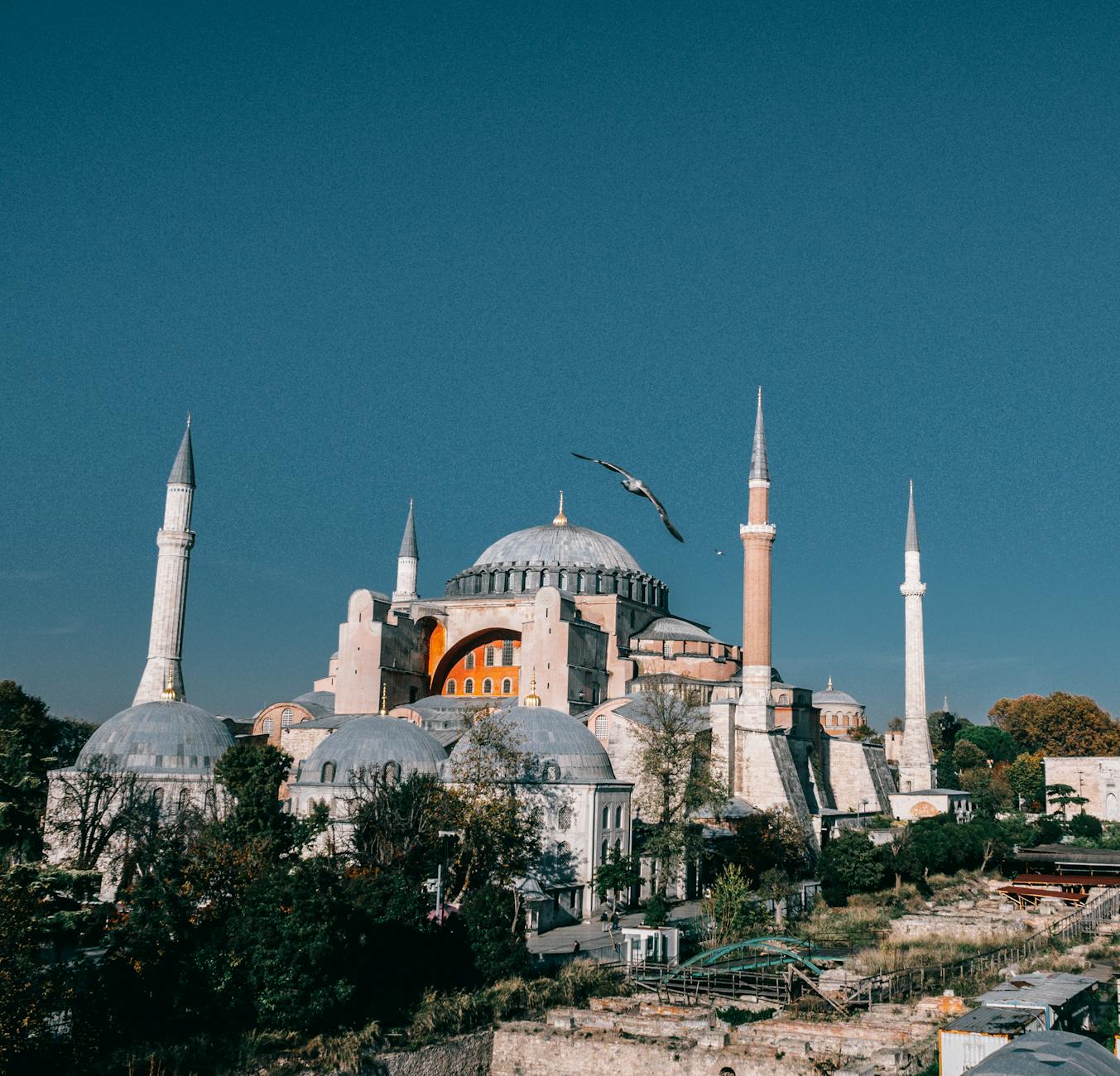 Exterior view of Hagia Sophia with its iconic dome and minarets in Istanbul, Turkey