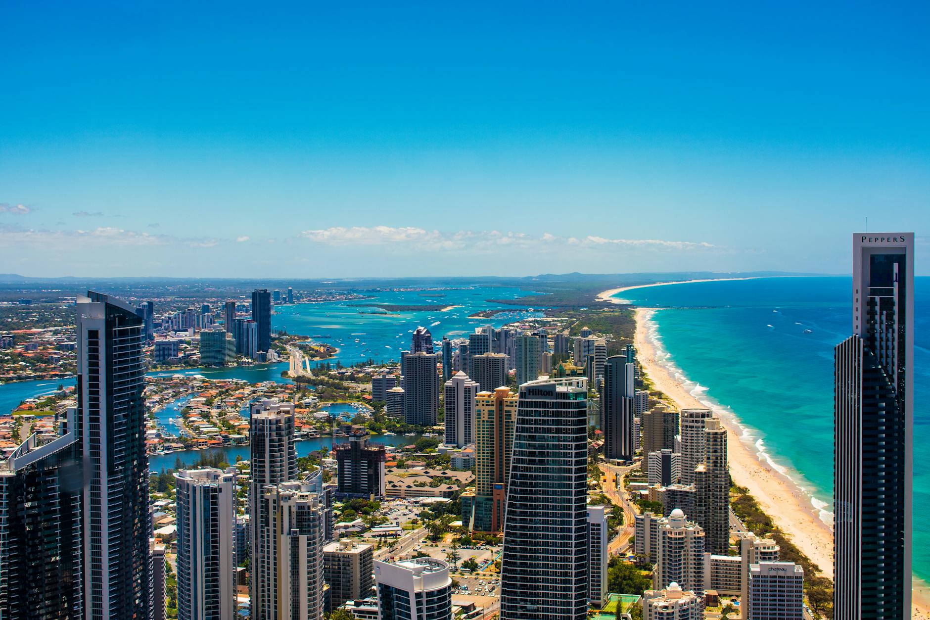 Aerial view of Surfers Paradise and golden beaches on Gold Coast, Australia