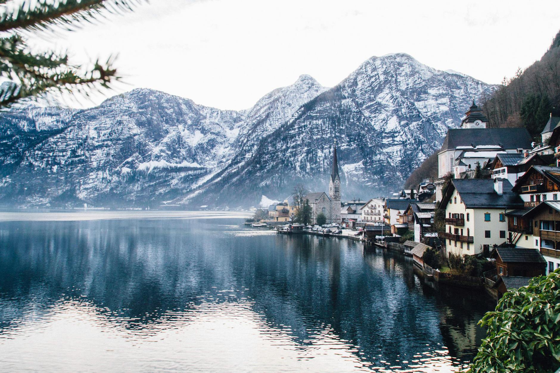 Scenic view of Hallstatt village on Lake Hallstatt surrounded by Austrian Alps