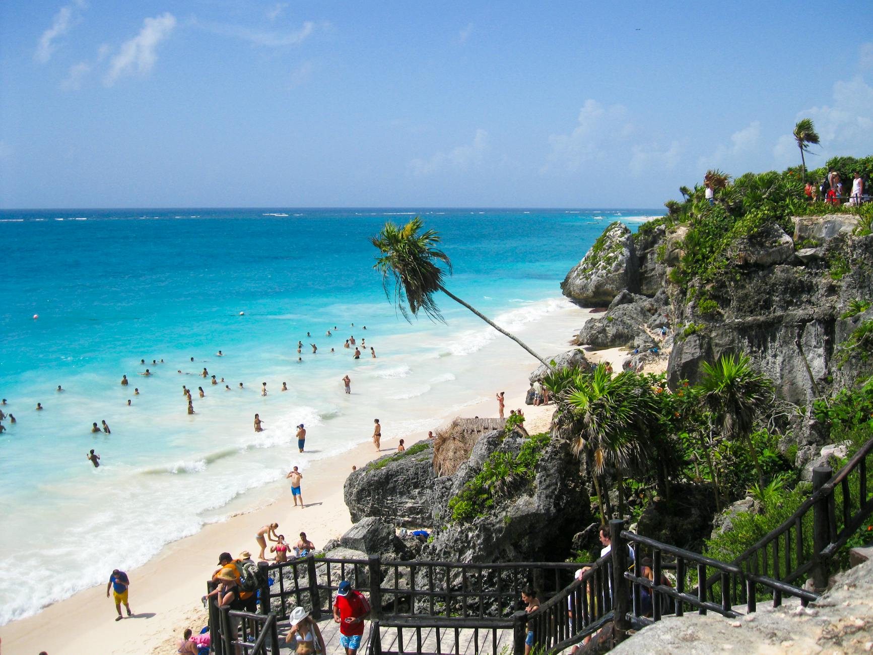 Aerial view of Tulum beach with turquoise waters and white sand, Mexico