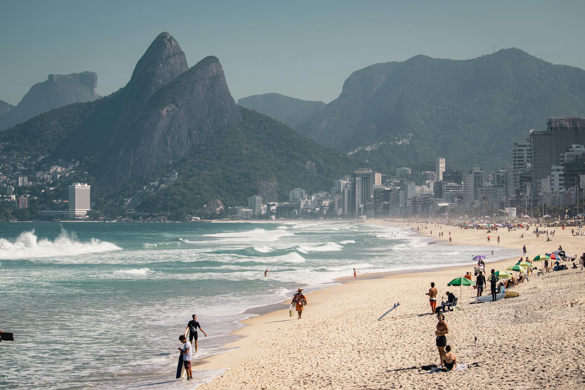 Ipanema Beach in Rio de Janeiro with golden sand and turquoise waves