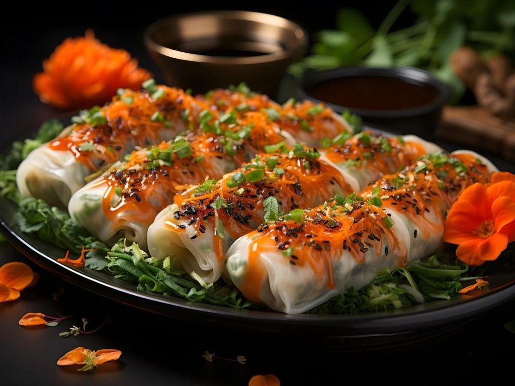 Translucent rice paper fresh spring rolls with tofu, vermicelli noodles, mint, and cilantro served with peanut sauce