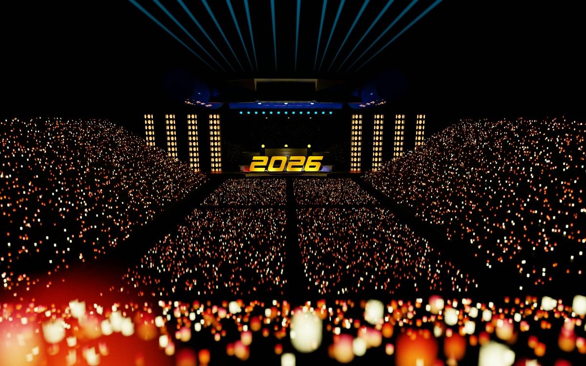 BTS World Tour 2026 Arirang concert poster showing silhouetted members on 360° purple-lit stage with fireworks, crowd waving lightsticks, gold text 'Confirmed Dates Tickets Live'