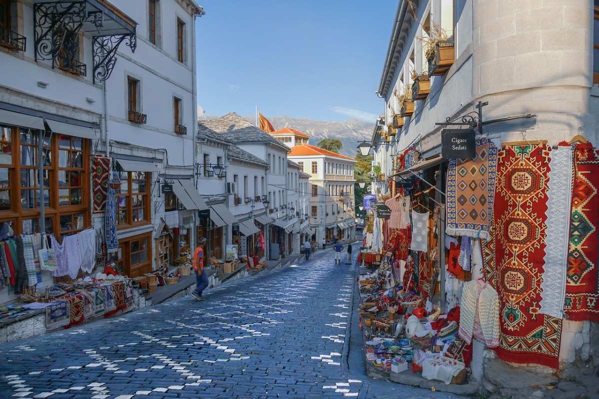 Traditional Ottoman-era stone tower houses with unique slate roofs in the UNESCO City of Stone, Gjirokastër.