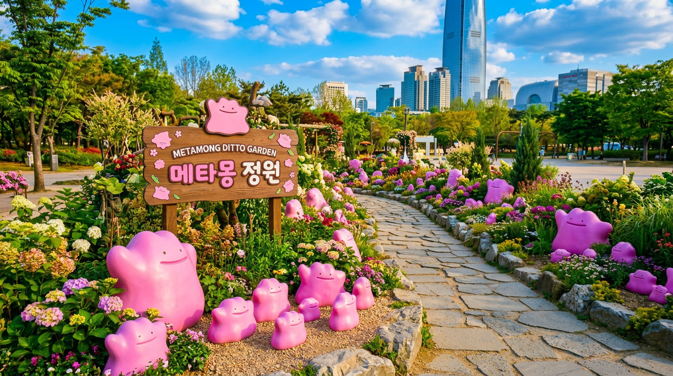 Garden with pink Metamong Ditto Pokémon statues and people walking and taking photos