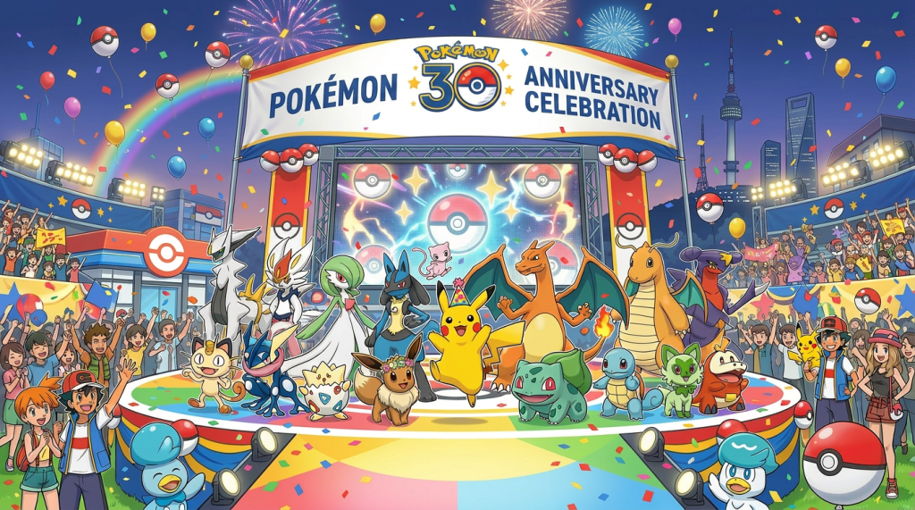 A stage with multiple Pokémon and Trainers celebrating Pokémon's 30th anniversary with banners, balloons, and a crowd cheering